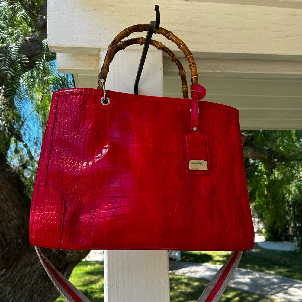 J. Peterman Large Red Italian Croc Print Leather Bag by Claudie